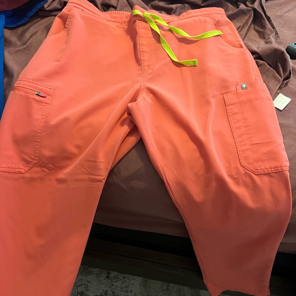 Figs women’s Bright Orange Cargo Pants with Neon Green Accents